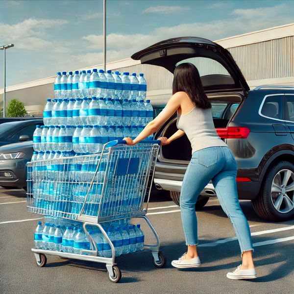 Basta bauli pieni di casse d'acqua